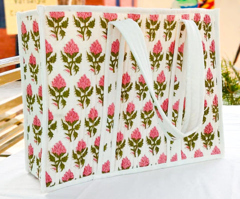 Large quilted weekend tote bag, vibrant pink block print, floral design