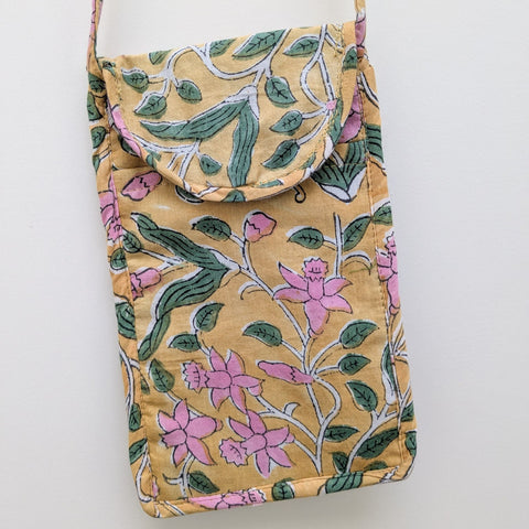 yellow block print mobile purse