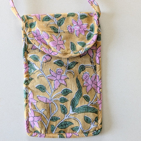 yellow block print mobile purse