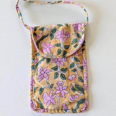 yellow block print mobile purse