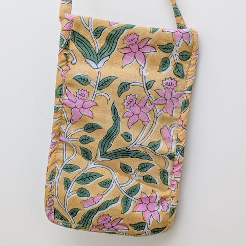 yellow block print mobile purse
