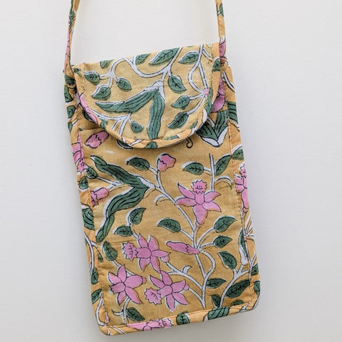 yellow block print mobile purse