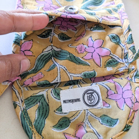 yellow block print mobile purse