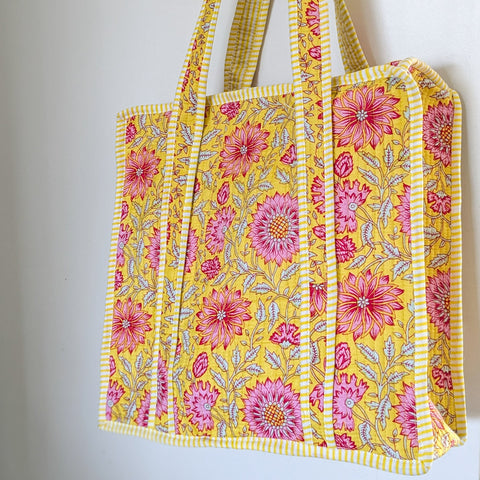 Quilted Market Tote Bags: Colourful Screen Printed Kantha Tote Bags, Ethically Handmade in India