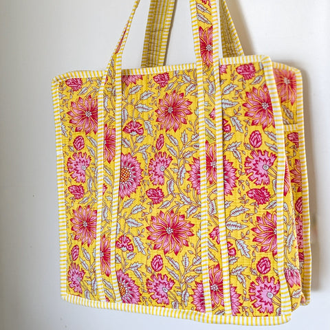 Quilted Market Tote Bags: Colourful Screen Printed Kantha Tote Bags, Ethically Handmade in India
